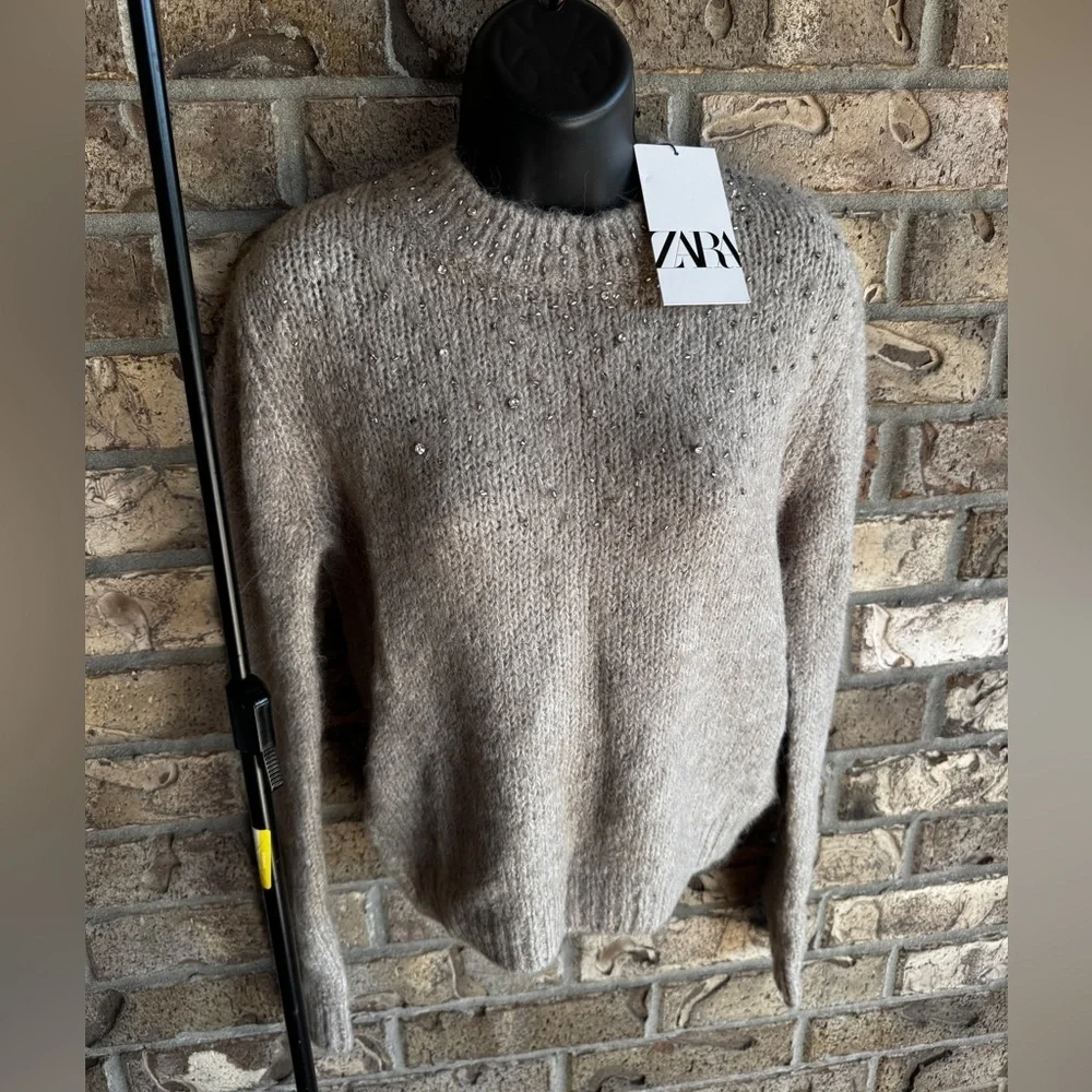 ZARA Beige Gray Rhinestone Knit Sweater Size S Wool Blend NWT